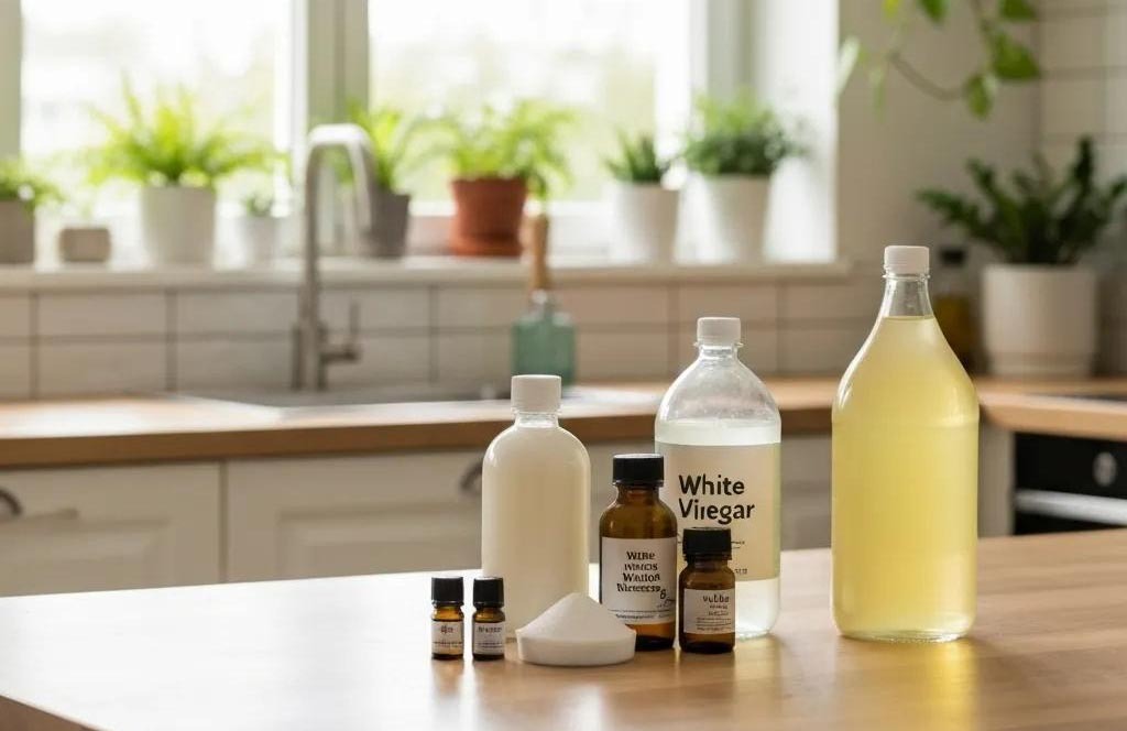 Eco-friendly cleaning products on a kitchen countertop, highlighting natural ingredients for a healthier home